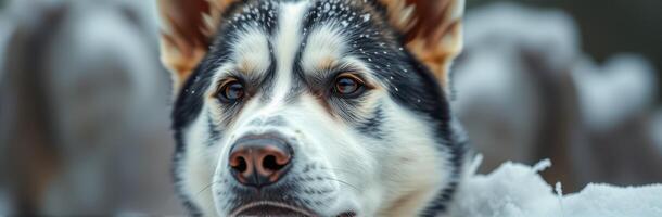 Siberian husky standing in snow with a focused expression in a cold wilderness during winter photo