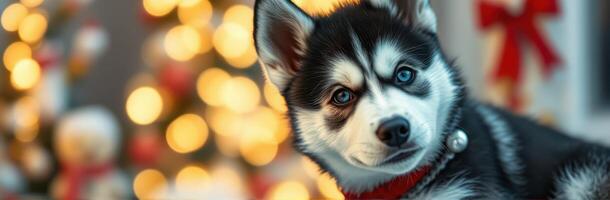 Holiday puppy poses in front of a decorated Christmas tree with warm lights and festive ornaments photo