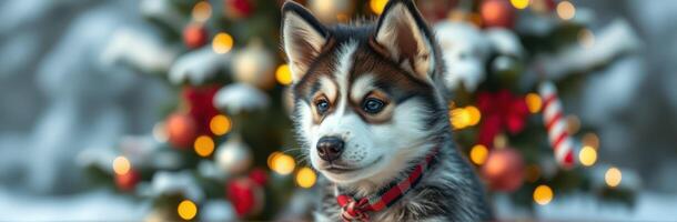 Cute husky puppy poses in front of a beautifully decorated Christmas tree with lights and ornaments photo