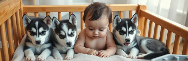 Baby sits among playful husky puppies in a cozy nursery setting with soft natural light photo
