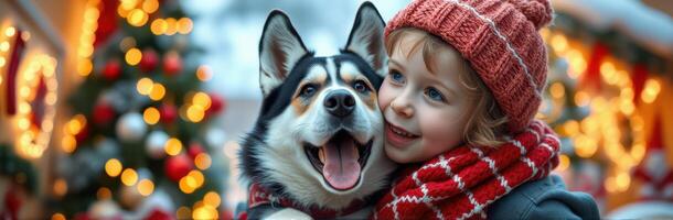 Child and dog enjoy festive moments at a holiday market surrounded by lights and decorations photo