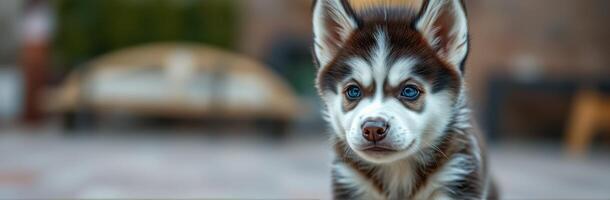 Puppy with striking blue eyes sits outside in a backyard setting enjoying the day with playful curiosity during warm afternoon hours photo