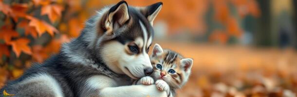 Cute puppy and kitten cuddling together in a colorful autumn park surrounded by fallen leaves photo
