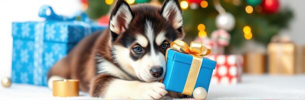 Cute husky puppy playing with a blue gift in a festive setting with decorated tree photo