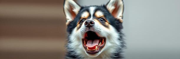 Excited dog with a joyful expression barking happily in an indoor setting photo