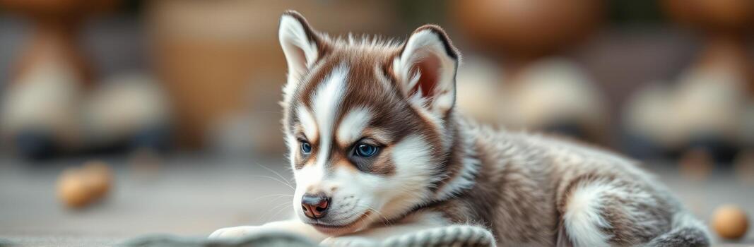 Cute husky puppy resting on a soft surface in a cozy environment surrounded by gentle decor photo