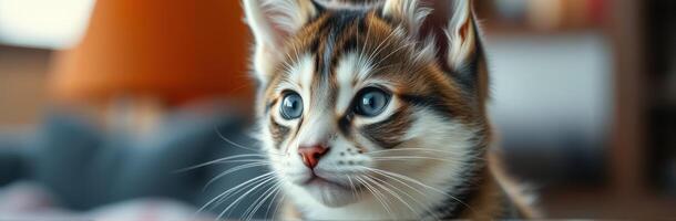 Curious kitten exploring a cozy indoor space with soft lighting and warm colors in the afternoon photo