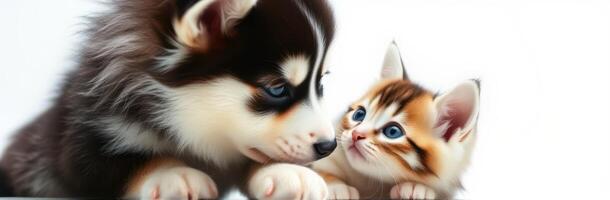 Adorable puppy and playful kitten share a tender moment of friendship indoors photo
