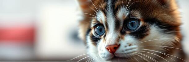 Cute young kitten with soft fur and bright blue eyes looking curiously in a home environment with blurred background photo