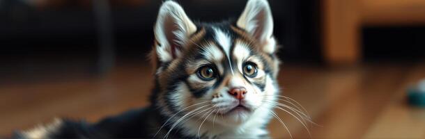 Cute puppy with striking black and white fur looks curiously at the camera indoors in cozy environment photo