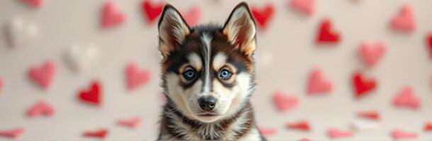 Cute puppy with striking blue eyes surrounded by heart decorations in soft pastel shades photo