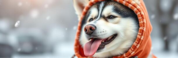 Happy husky wearing an orange hoodie enjoys a snowy winter day outdoors in a park photo