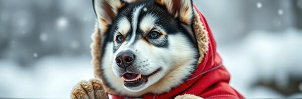 Husky wearing a red coat enjoys snowy winter day in the park surrounded by falling snowflakes photo