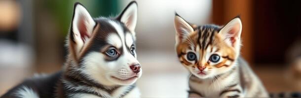 Puppies and kittens interact playfully in a cozy indoor setting during the afternoon photo