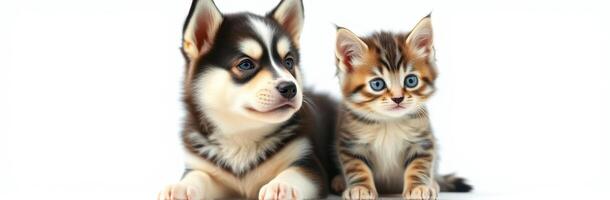 Cute puppy and kitten sitting together, displaying friendship and playfulness in a cozy setting photo