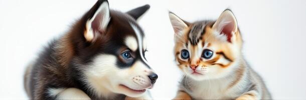 Cute husky puppy and playful tabby kitten interacting together in a cozy indoor setting photo