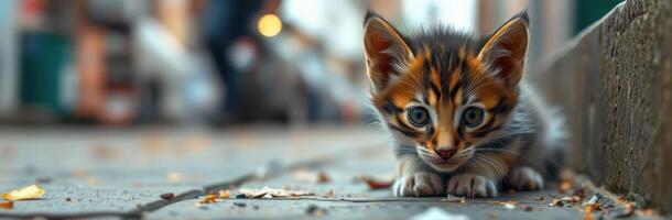 Curious kitten exploring the streets of a bustling town during the late afternoon photo