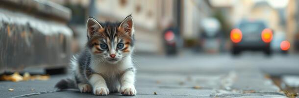 Curious kitten exploring a city street during the late afternoon photo
