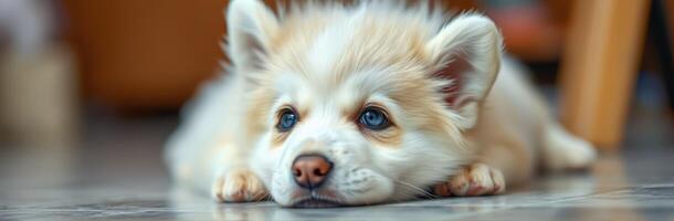 Cute puppy resting on a tiled floor in a cozy indoor environment during the afternoon hours photo