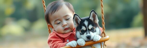 Child enjoys a serene moment with a puppy on a swing in a sunny park setting photo