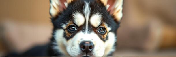 Cute puppy looking curiously at the camera in a cozy indoor setting during daylight hours photo