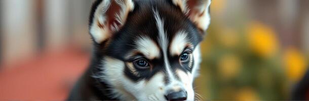 Adorable husky puppy playing outdoors in a vibrant garden during sunny afternoon photo