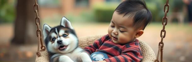 Baby and puppy enjoy a playful moment together in a swing at a sunny park during early afternoon hours photo
