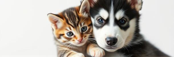 Playful puppy and curious kitten share a sweet moment together in a serene indoor setting photo