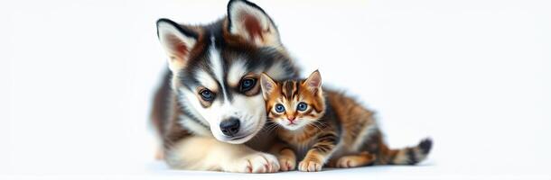 Cute dog and cat cuddling together indoors while looking at the camera in a cozy setting photo