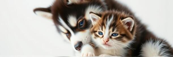 Cute husky puppy snuggles with adorable kitten on soft surface in cozy indoor setting photo