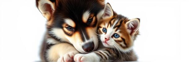 Puppy and kitten cuddle together in a warm, friendly moment showcasing their bond and companionship photo