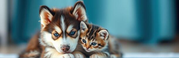 Cute husky puppy cuddles with playful kitten indoors during sunny afternoon photo