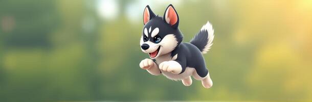 Playful animated puppy jumps joyfully in a bright outdoor setting during the day photo