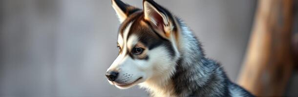 Captivating close-up of a husky puppy showcasing striking features and playful expression in a cozy setting photo