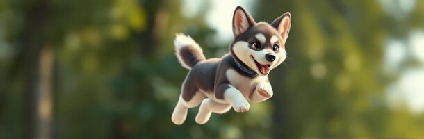 Cute puppy jumps joyfully in a sunny park, capturing the essence of playfulness in the heart of nature's beauty photo