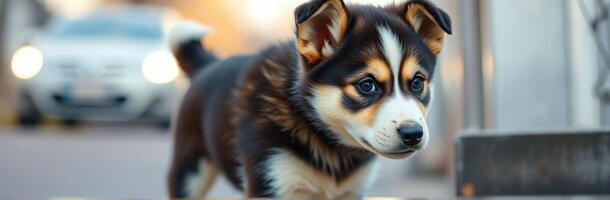 Playful puppy explores a busy urban street during the golden hour of late afternoon photo