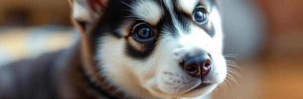 Curious husky puppy exploring a cozy indoor environment and captivating everyone with its adorable expression photo