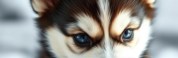 Close up of a playful puppy with striking blue eyes lounging indoors on a cozy surface during the afternoon photo