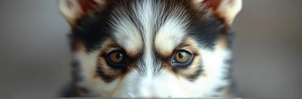 Close-up view of a dog's eyes showing curiosity and playfulness in a cozy indoor setting photo