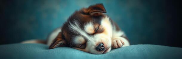 Cute sleeping puppy with fluffy coat resting peacefully on a soft surface indoors photo