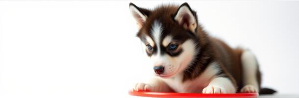 Cute puppy playing with a red frisbee in a bright indoor setting during the day photo