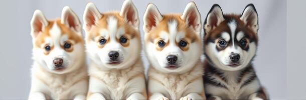 Group of four adorable puppies sitting together showcasing different fur patterns and colors indoors photo