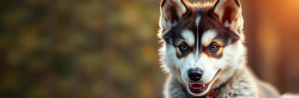 Cute husky puppy posing outdoors during golden hour with soft lighting and blurred background photo