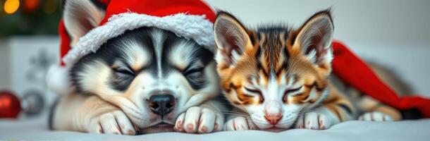 Cute dog and cat wearing festive hats sleep together in cozy holiday setting photo
