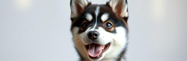 Happy black and white puppy playing indoors on a bright day with a joyful expression and wagging tail photo
