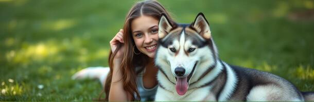 Smiling girl poses with her happy Husky in a sunlit green park during a warm afternoon photo