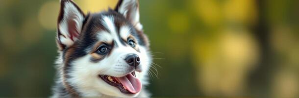 Cute husky puppy enjoying a sunny day in a lush green park with a joyful expression on its face photo