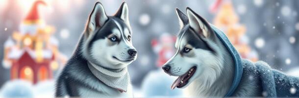 Two huskies interact in a snowy landscape with festive decorations during winter holiday season photo