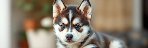 Cute puppy with striking fur pattern in a cozy indoor setting during the day photo