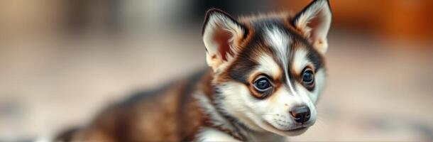 Cute puppy with striking features relaxes indoors on a soft surface in a cozy atmosphere photo